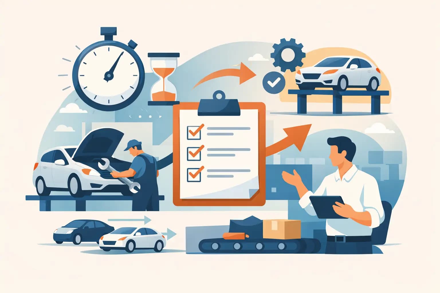 Repair shop workflow showing intake process, parts organization, technician assignment, and customer communication steps to reduce turnaround delays