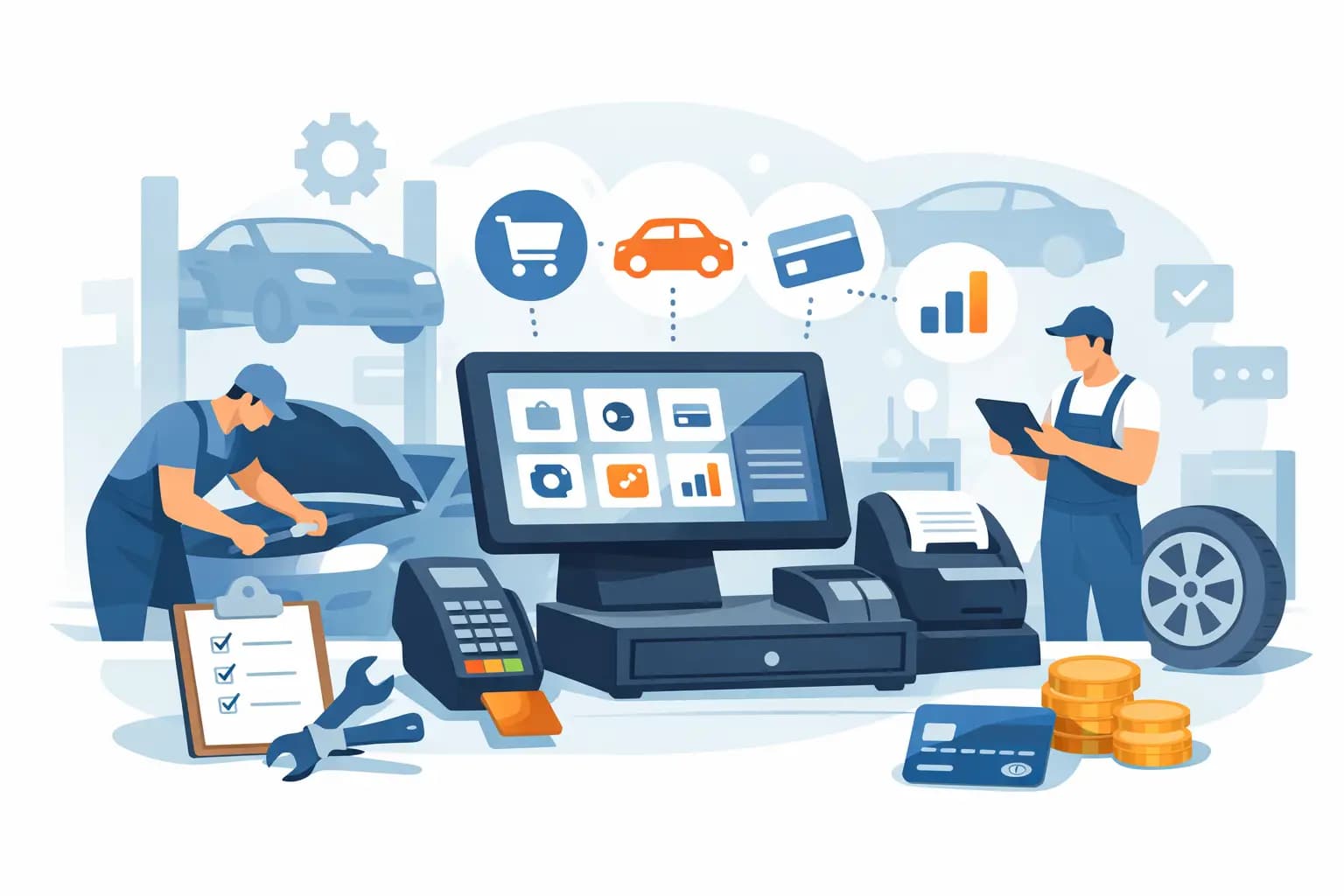 Repair shop POS system dashboard showing ticket management, parts tracking, estimates, payments, and customer communication in one workflow